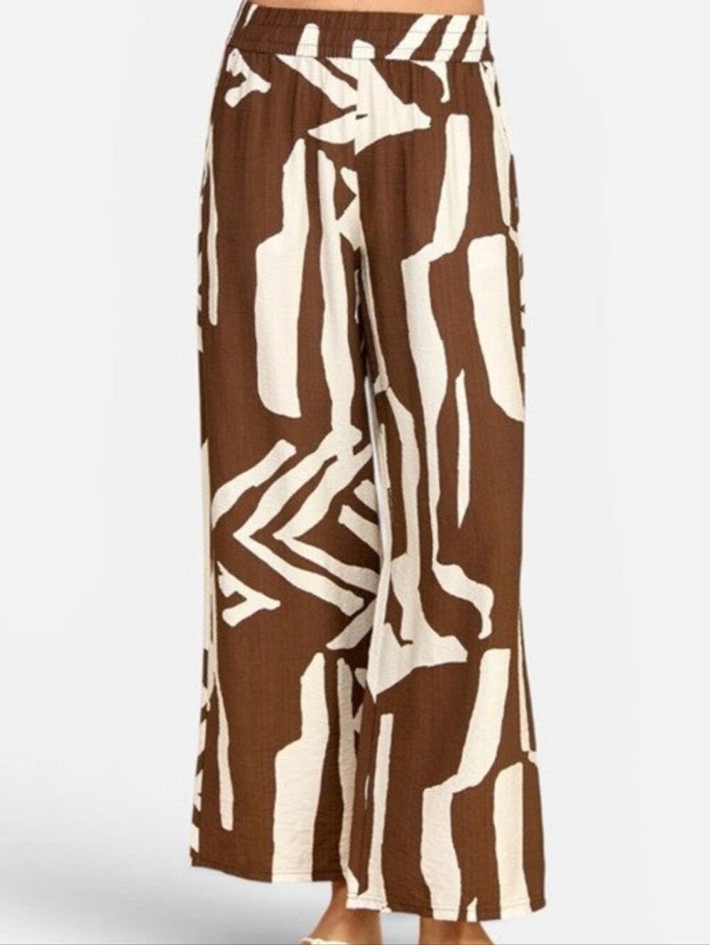 Brown & Off White Tribal Linen Blend Wide Leg Pants